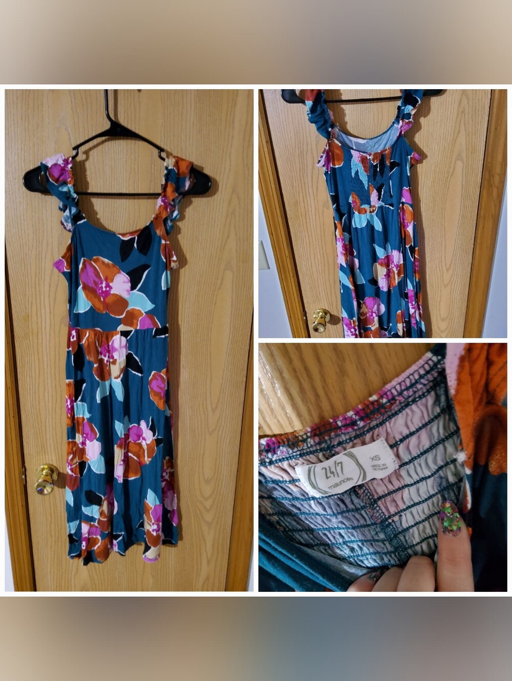 Mautices 24/7 Floral Ruffle-Strap Summer Dress in Teal with Pink & Orange Blooms